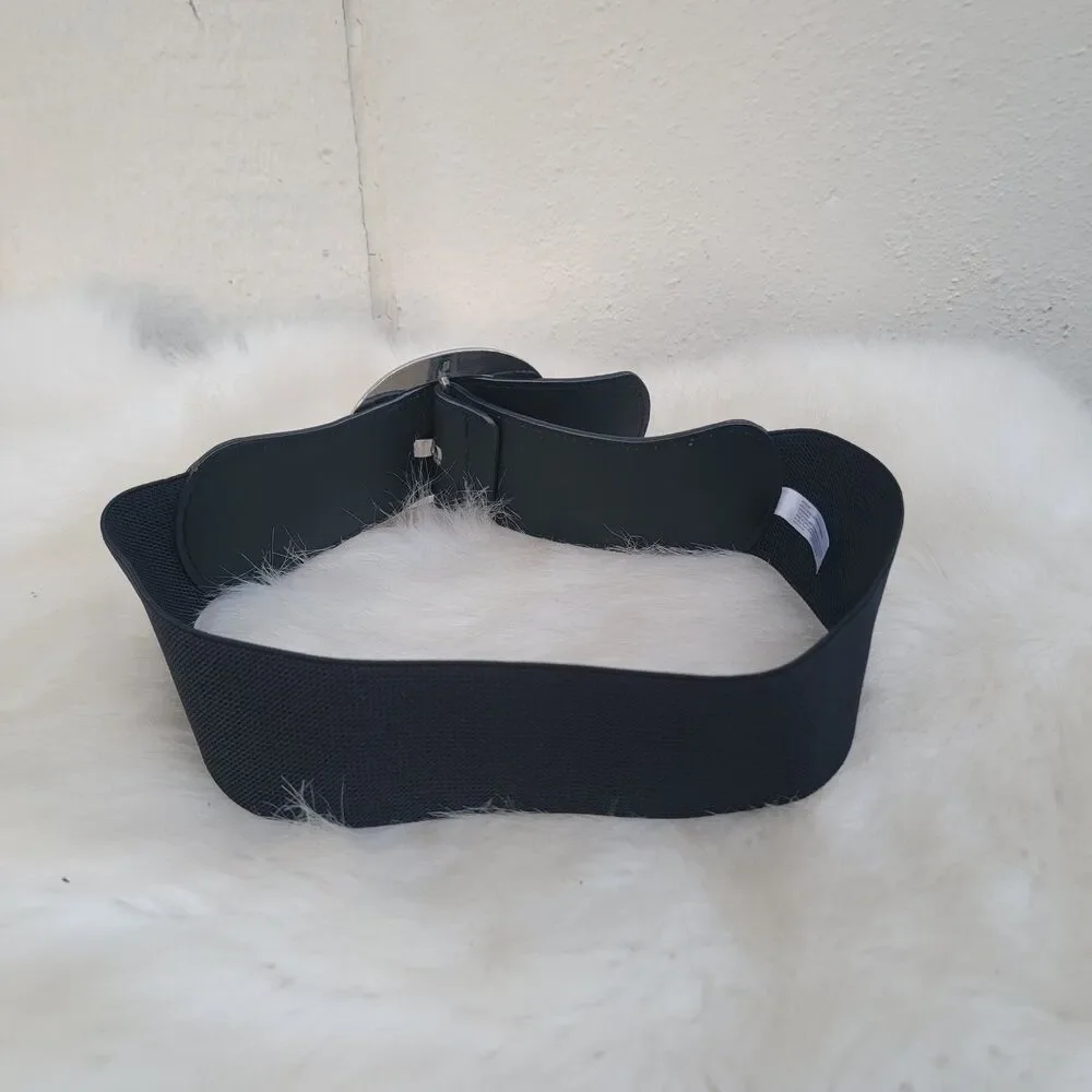 womens wide large buckle stretch waist belt black Sz S/M Boho Festival